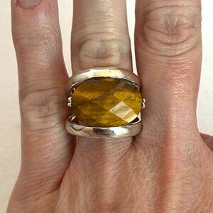 Signed Sterling Silver 925 Faceted Tigers Eye Split Shank Wide Band Ring 6.75